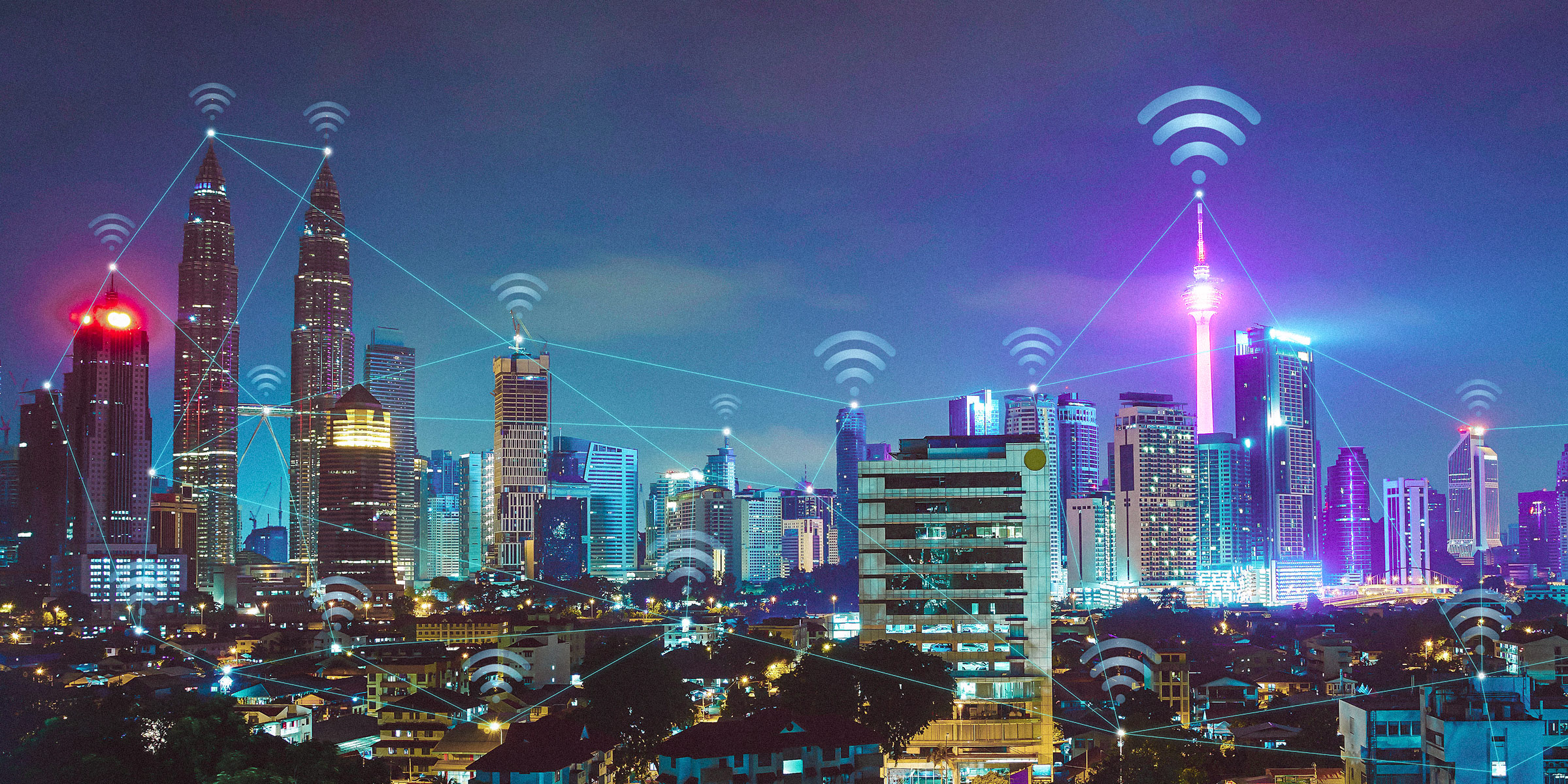 Photograph of a cityscape with illustrative overlay of lines and icons to signify connectivity