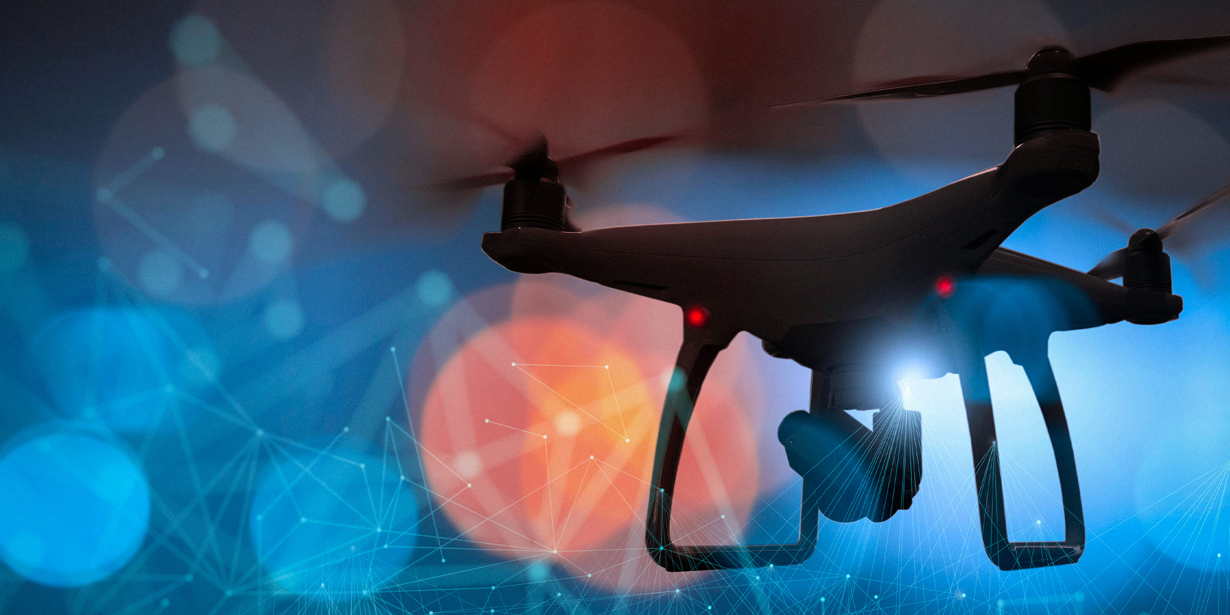 Silhouette of a quadcopter drone flying in front of a blurred background, overlaid with technical illustration of lines