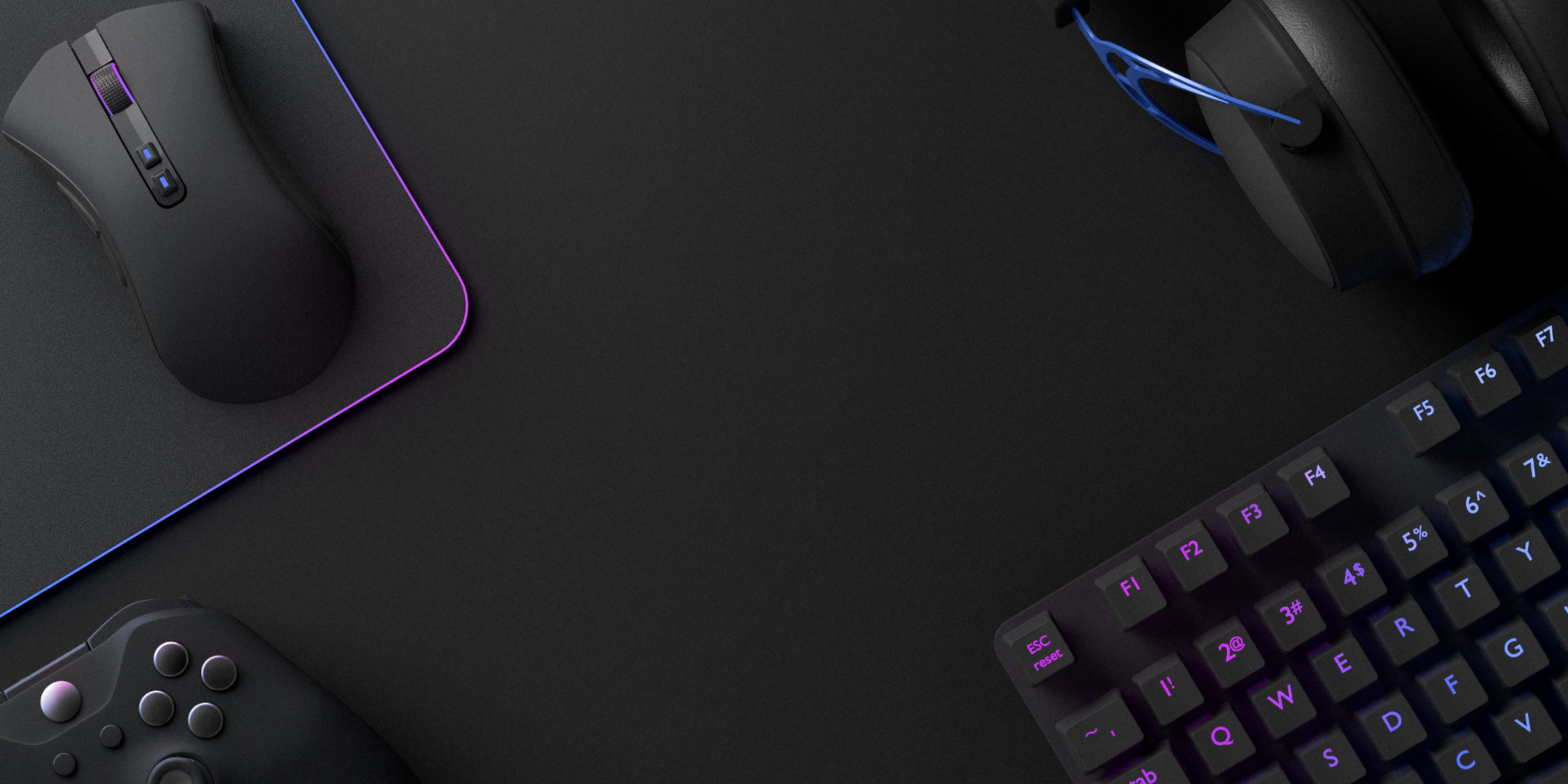 Various video gaming accessories laid around the edges of the picture