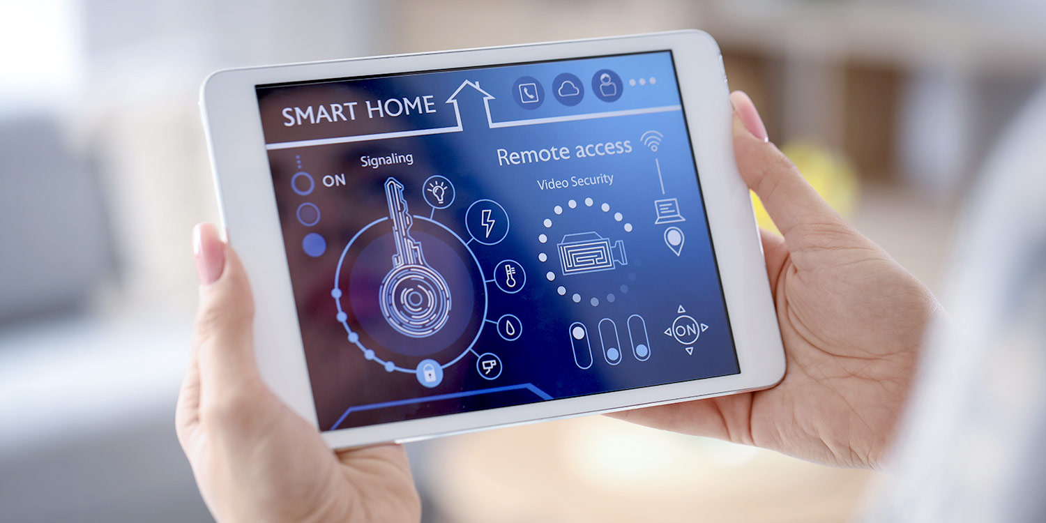 Smart home tablet displaying a digital dashboard for connected devices