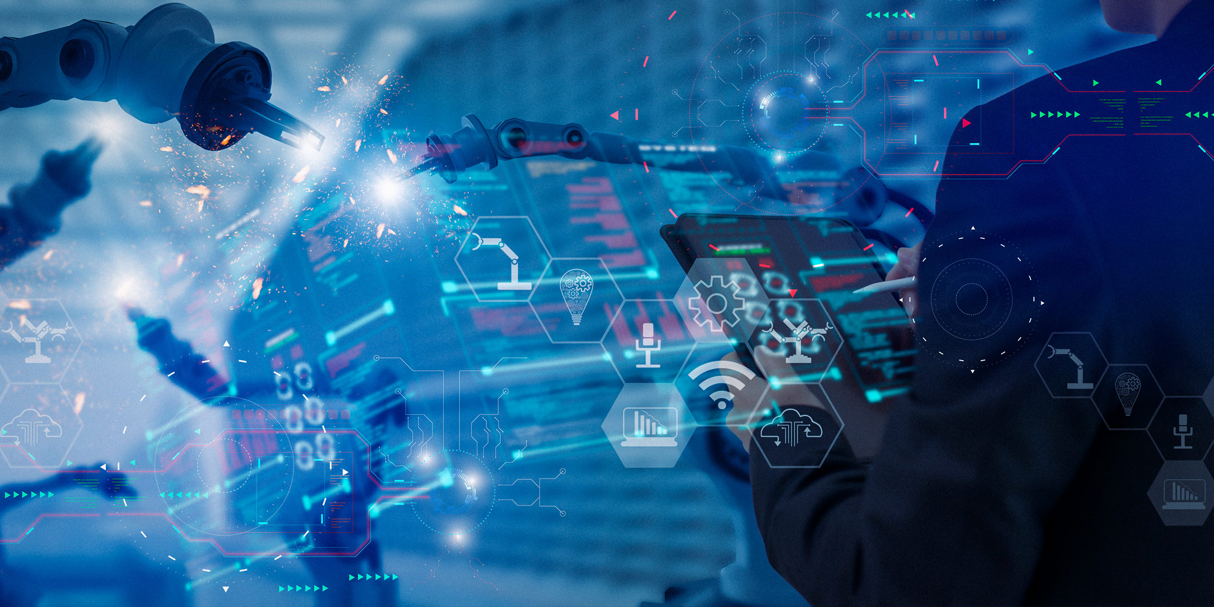 Photograph of robotic machinery in high-tech factory with overlay of technical icons