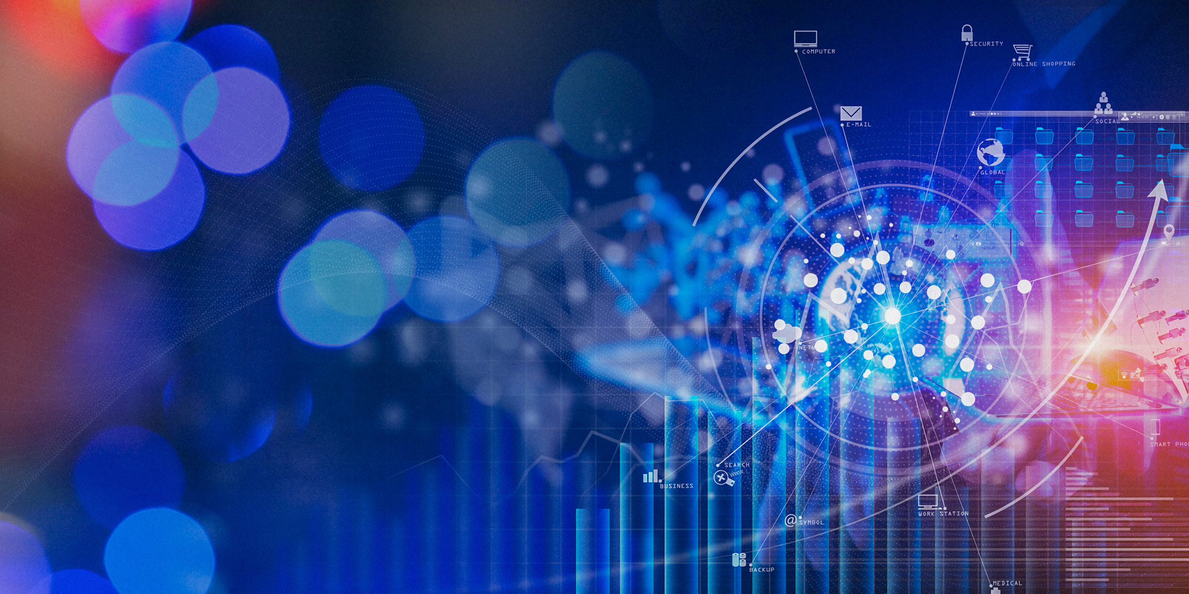 Abstract image of a laptop surrounded by interconnected data visualizations, light orbs, and infographic icons, depicting concepts of online security, global networking, data transfer, and digital communication, with a predominantly blue and purple color scheme