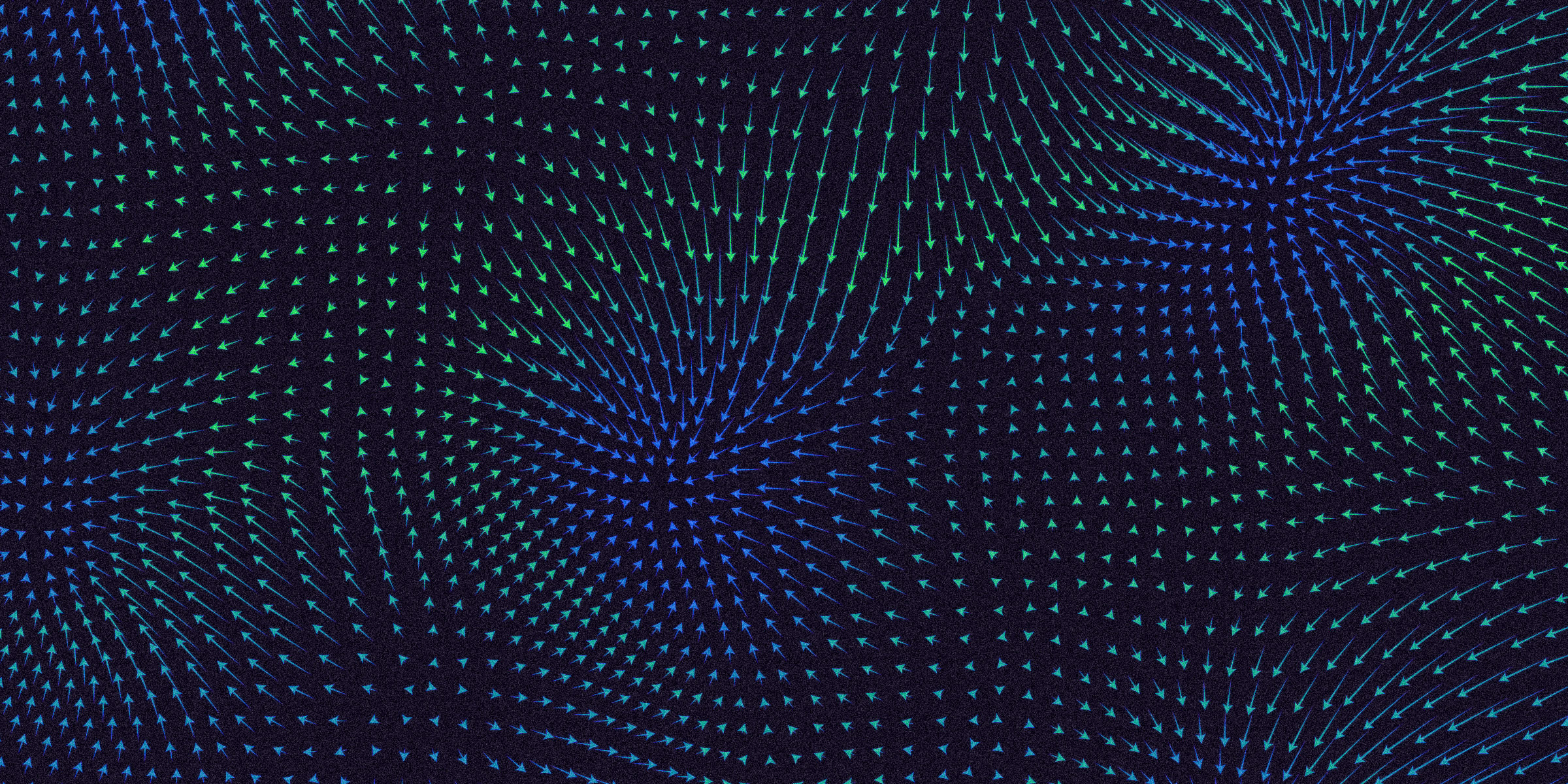 Hundreds of small arrows each pointing in different directions and made to resemble a magnetic field