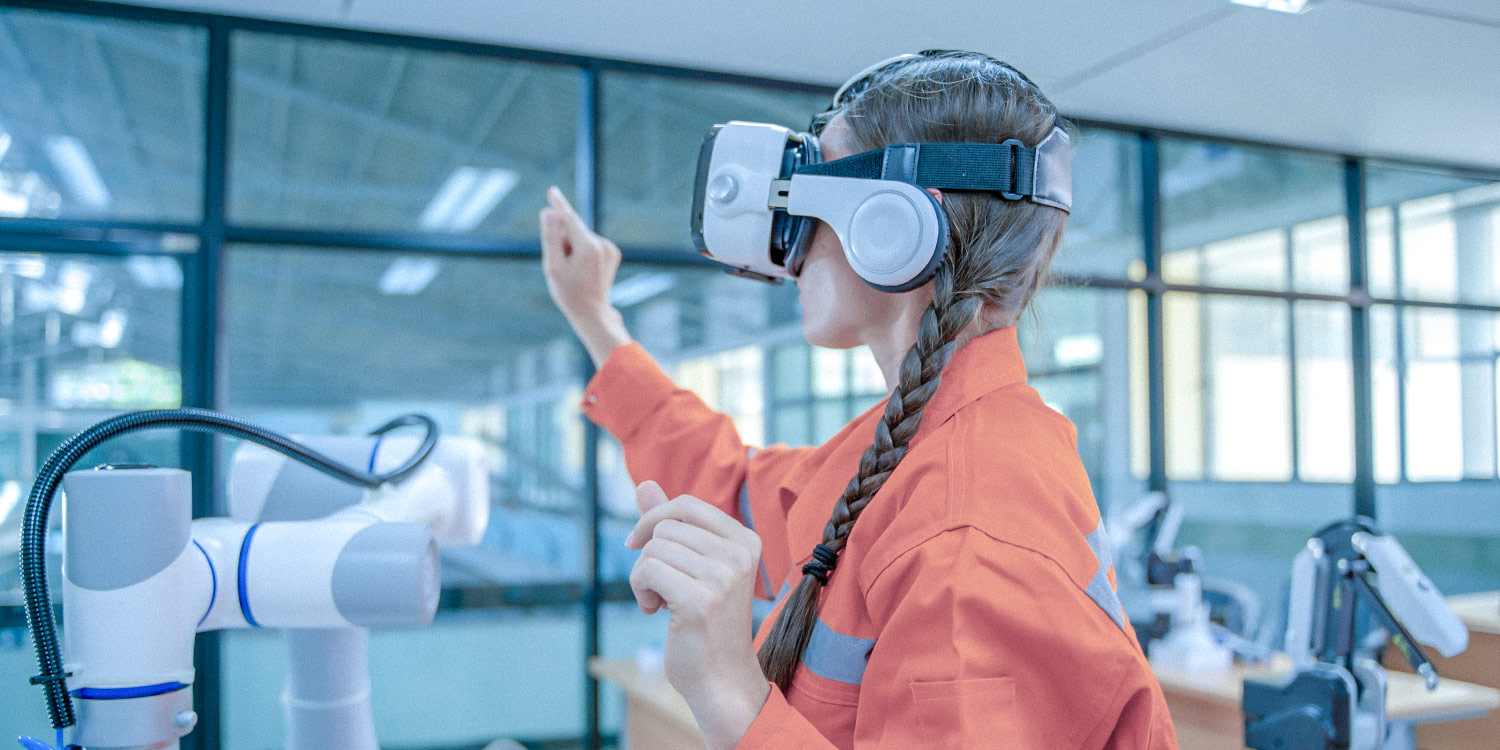 Woman wearing VR headset and gesturing with her right arm